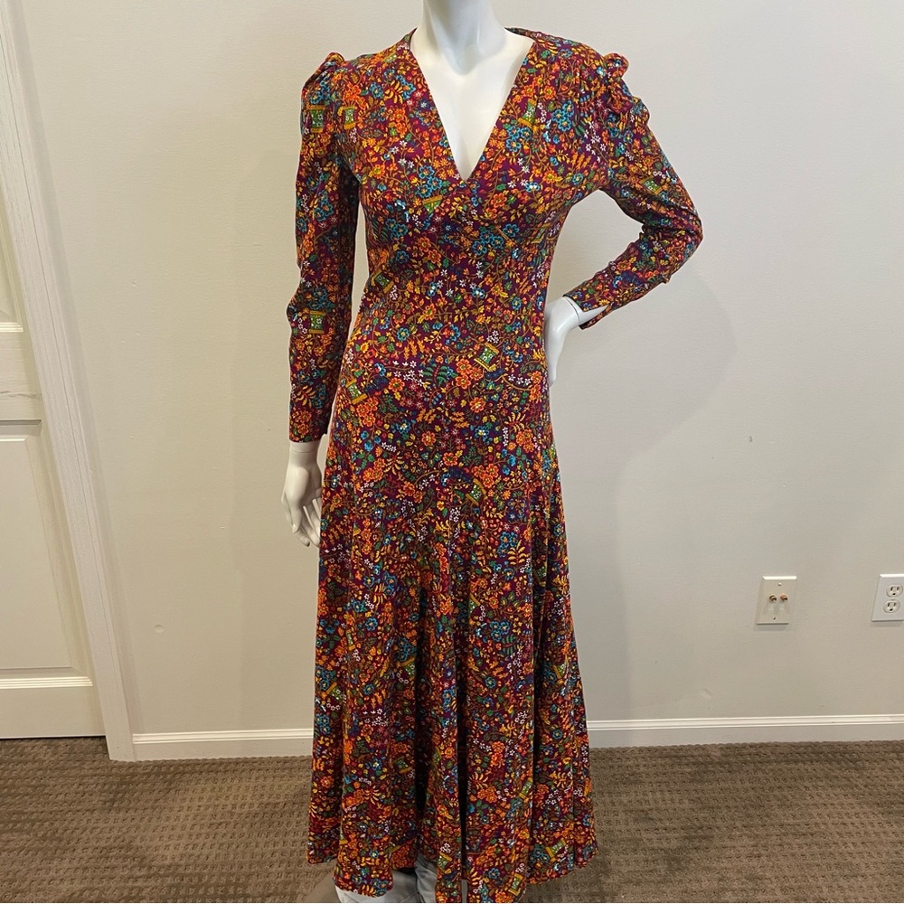VINTAGE 70s Handmade Floral Print Mutton Leg Sleeve V-Neck Maxi Dress